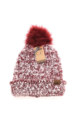 C.C Bonnet en tricot avec pompon en fourrure et doublure duveteuse